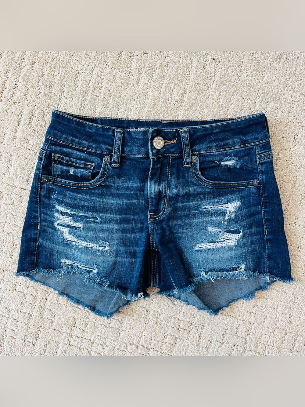 American Eagle Outfitters Blue Distressed Denim Shorts with Frayed Hem